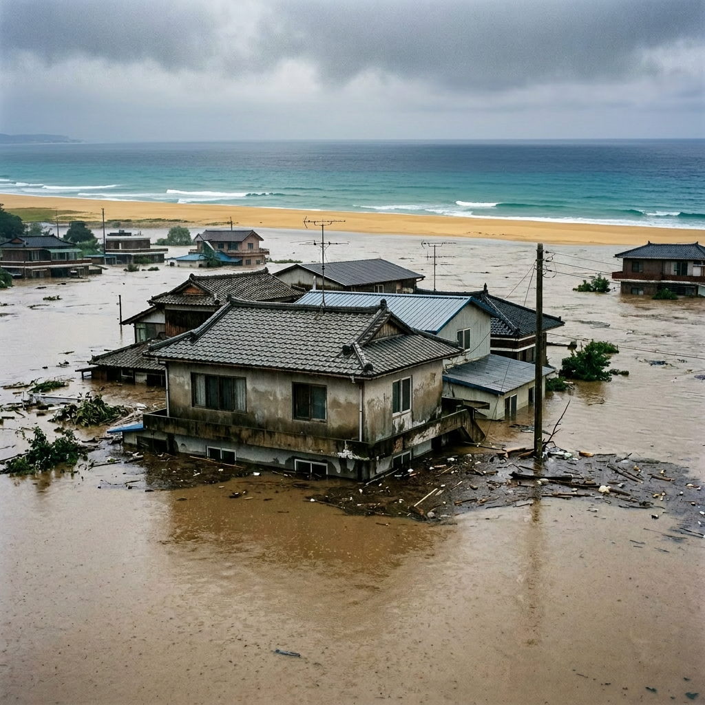 Homes partially submerged in brown floodwater surrounded by hills under cloudy sky